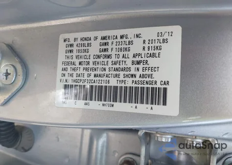 2012 Honda Accord Lx из США, поврежденный, VIN 1HGCP2F32CA122106